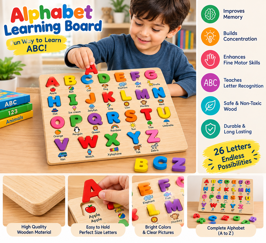 Alphabet Learning Board for Kids – Educational ABC Wooden Puzzle Toy