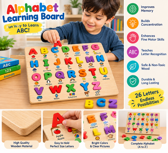 Alphabet Learning Board for Kids – Educational ABC Wooden Puzzle Toy